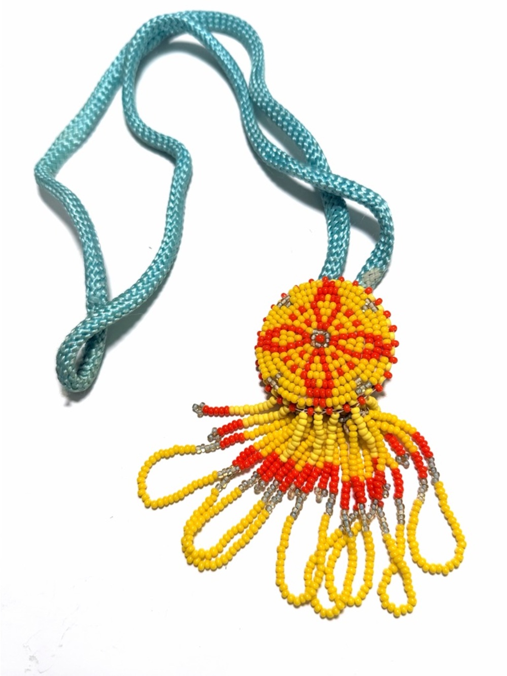 Vintage Native American Handmade Yellow & Orange Seed Bead W/ Teal Cord